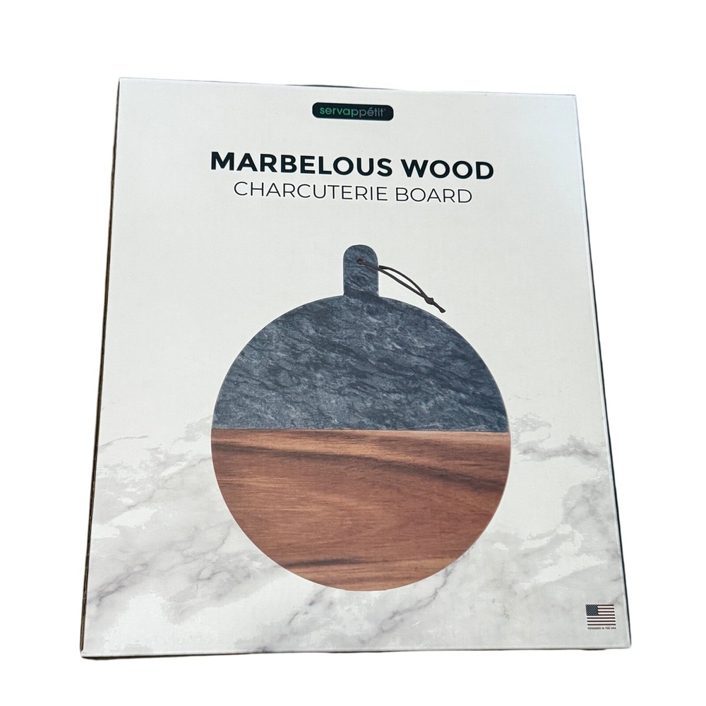 Servappetit Marbelous Wood Charcuterie Board Round Marble Acacia Serving Platter